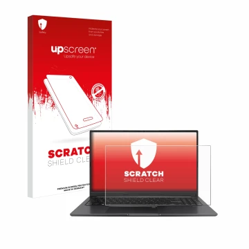 Face avant d’un emballage produit avec le logo de la marque upscreen. À côté, l’appareil ASUS Vivobook 15 OLED est représenté 