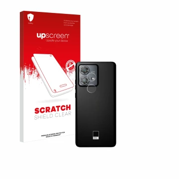 Face avant d’un emballage produit avec le logo de la marque upscreen. À côté, l’appareil Motorola Edge 40 Neo (Caméra UNIQUEME