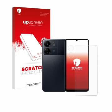 Face avant d’un emballage produit avec le logo de la marque upscreen. À côté, l’appareil Xiaomi Poco C65 (Avant+Caméra) est re
