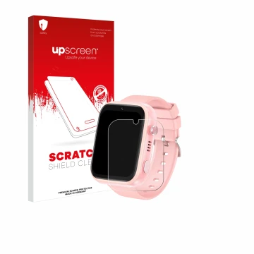 Face avant d’un emballage produit avec le logo de la marque upscreen. À côté, l’appareil jianyana 4G Kids Smartwatch est repré
