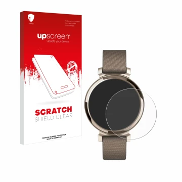 Face avant d’un emballage produit avec le logo de la marque upscreen. À côté, l’appareil Garmin Lily 2 est représenté avec la 