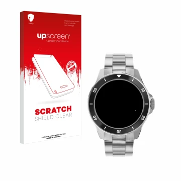 Face avant d’un emballage produit avec le logo de la marque upscreen. À côté, l’appareil Withings ScanWatch Nova (42 mm) est r