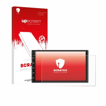 Face avant d’un emballage produit avec le logo de la marque upscreen. À côté, l’appareil Ankeway Car Radio 7