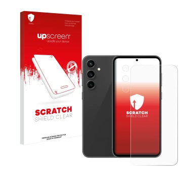 Face avant d’un emballage produit avec le logo de la marque upscreen. À côté, l’appareil Samsung Galaxy S23 FE (Avant+Caméra) 