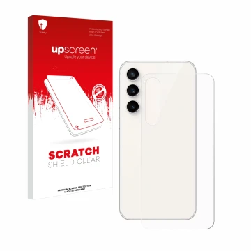 Face avant d’un emballage produit avec le logo de la marque upscreen. À côté, l’appareil Samsung Galaxy S23 FE (Arrière) est r