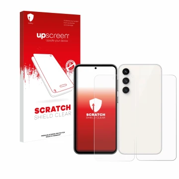 Face avant d’un emballage produit avec le logo de la marque upscreen. À côté, l’appareil Samsung Galaxy S23 FE (Avant+Arrière)