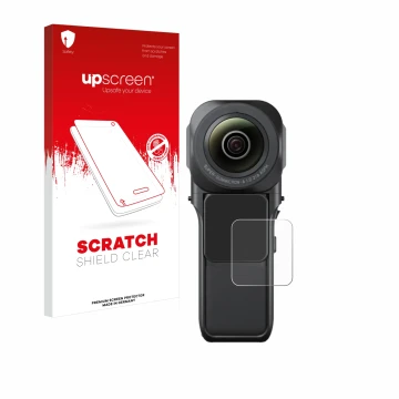 Face avant d’un emballage produit avec le logo de la marque upscreen. À côté, l’appareil Insta360 One RS 1-Zoll 360 est représ