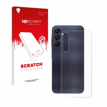 Face avant d’un emballage produit avec le logo de la marque upscreen. À côté, l’appareil Samsung Galaxy A25 5G (Arrière) est r