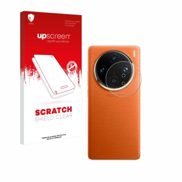 Face avant d’un emballage produit avec le logo de la marque upscreen. À côté, l’appareil Vivo X100 Pro (Caméra UNIQUEMENT) est