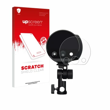 Face avant d’un emballage produit avec le logo de la marque upscreen. À côté, l’appareil Profoto B10X est représenté avec la p