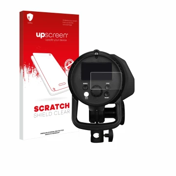 Face avant d’un emballage produit avec le logo de la marque upscreen. À côté, l’appareil Profoto B1X est représenté avec la pr