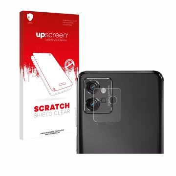 Face avant d’un emballage produit avec le logo de la marque upscreen. À côté, l’appareil Motorola Moto G32 (Caméra UNIQUEMENT)