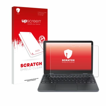 Face avant d’un emballage produit avec le logo de la marque upscreen. À côté, l’appareil Lenovo 300w Yoga 11