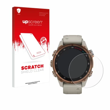 Face avant d’un emballage produit avec le logo de la marque upscreen. À côté, l’appareil Garmin Descent Mk3 (43 mm) est représ