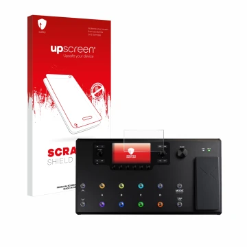 Face avant d’un emballage produit avec le logo de la marque upscreen. À côté, l’appareil Line 6 Helix LT est représenté avec l