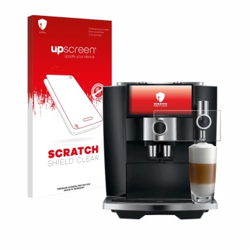 Face avant d’un emballage produit avec le logo de la marque upscreen. À côté, l’appareil Jura J8 twin est représenté avec la p