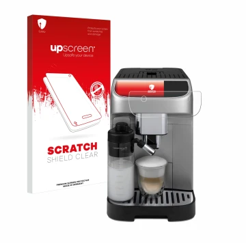 Face avant d’un emballage produit avec le logo de la marque upscreen. À côté, l’appareil DeLonghi Magnifica Plus est représent