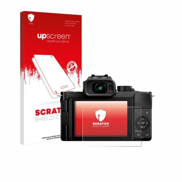 Face avant d’un emballage produit avec le logo de la marque upscreen. À côté, l’appareil Panasonic Lumix DC-G100D est représen