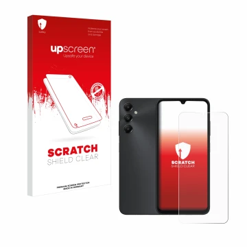 Face avant d’un emballage produit avec le logo de la marque upscreen. À côté, l’appareil Samsung Galaxy A05s est représenté av