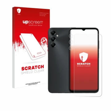 Face avant d’un emballage produit avec le logo de la marque upscreen. À côté, l’appareil Samsung Galaxy A05s (Avant+Caméra) es