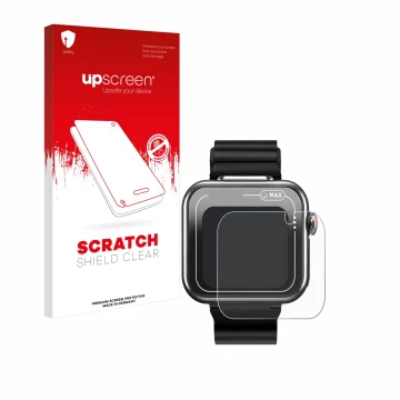 Face avant d’un emballage produit avec le logo de la marque upscreen. À côté, l’appareil Vtech Kidizoom Smartwatch MAX est rep