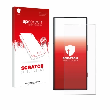 Face avant d’un emballage produit avec le logo de la marque upscreen. À côté, l’appareil ZTE Nubia Red Magic 8 Pro est représe