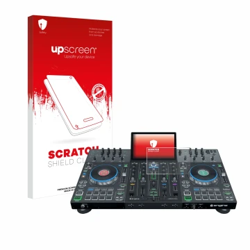 Face avant d’un emballage produit avec le logo de la marque upscreen. À côté, l’appareil Denon DJ Prime 4+ est représenté avec
