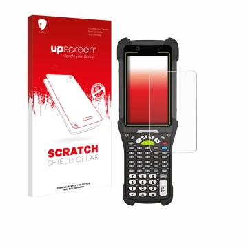 Face avant d’un emballage produit avec le logo de la marque upscreen. À côté, l’appareil Zebra MC9400 est représenté avec la p