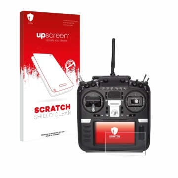 Face avant d’un emballage produit avec le logo de la marque upscreen. À côté, l’appareil Radiomaster TX16S Mark II est représe