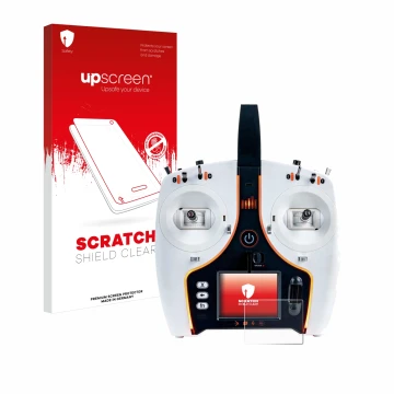 Face avant d’un emballage produit avec le logo de la marque upscreen. À côté, l’appareil Spektrum NX7e 7-Channel DSMX Transmit