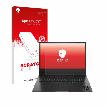 Face avant d’un emballage produit avec le logo de la marque upscreen. À côté, l’appareil HP Omen 16 2024 est représenté avec l