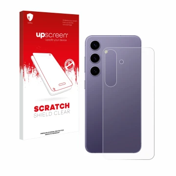 Face avant d’un emballage produit avec le logo de la marque upscreen. À côté, l’appareil Samsung Galaxy S24 (Arrière) est repr