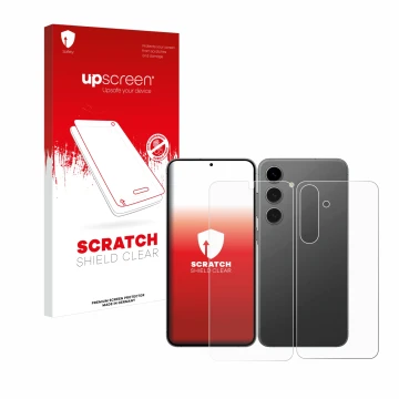 Face avant d’un emballage produit avec le logo de la marque upscreen. À côté, l’appareil Samsung Galaxy S24 (Avant+Arrière) es