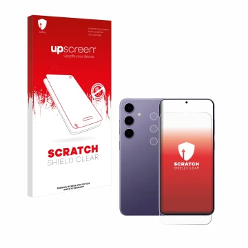 Face avant d’un emballage produit avec le logo de la marque upscreen. À côté, l’appareil Samsung Galaxy S24 Plus (Avant+Caméra