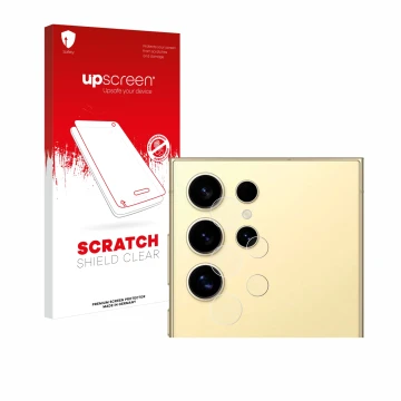 Face avant d’un emballage produit avec le logo de la marque upscreen. À côté, l’appareil Samsung Galaxy S24 Ultra (Caméra UNIQ