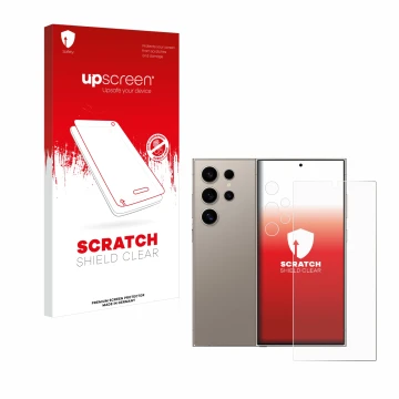 Face avant d’un emballage produit avec le logo de la marque upscreen. À côté, l’appareil Samsung Galaxy S24 Ultra (case-friend