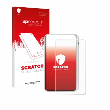 Face avant d’un emballage produit avec le logo de la marque upscreen. À côté, l’appareil Timekettle Fluentalk T1 Mini est repr