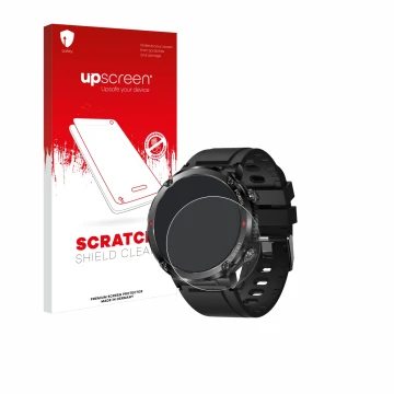 Face avant d’un emballage produit avec le logo de la marque upscreen. À côté, l’appareil LIGE Smartwatch 1.6