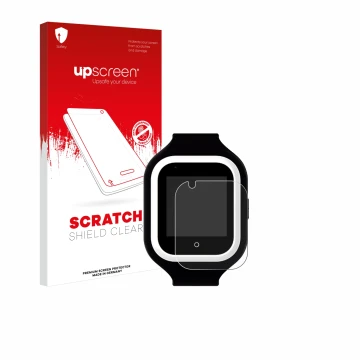 Face avant d’un emballage produit avec le logo de la marque upscreen. À côté, l’appareil SaveFamily Iconic Plus 4G est représe