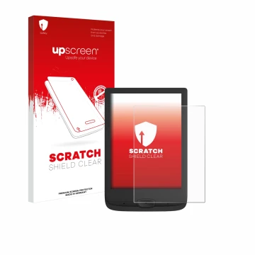 Face avant d’un emballage produit avec le logo de la marque upscreen. À côté, l’appareil PocketBook Basic Lux 4 est représenté