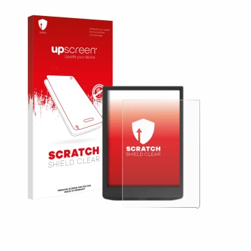 Face avant d’un emballage produit avec le logo de la marque upscreen. À côté, l’appareil Vivlio InkPad 4 est représenté avec l