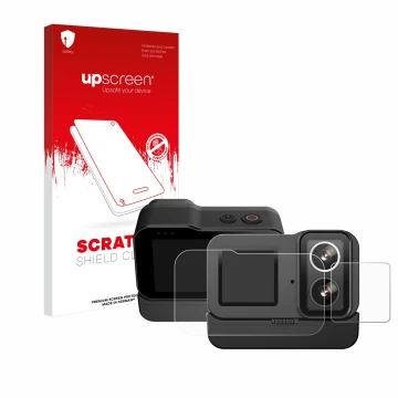 Face avant d’un emballage produit avec le logo de la marque upscreen. À côté, l’appareil SJCAM SJ20 Dual Lens est représenté a