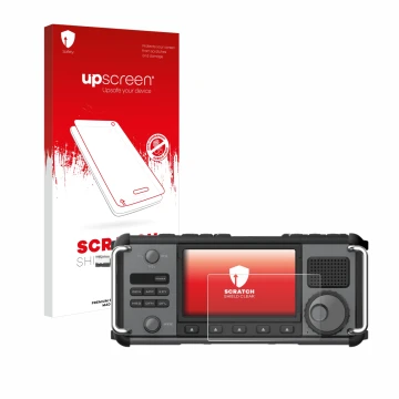 Face avant d’un emballage produit avec le logo de la marque upscreen. À côté, l’appareil Xiegu X6200 est représenté avec la pr
