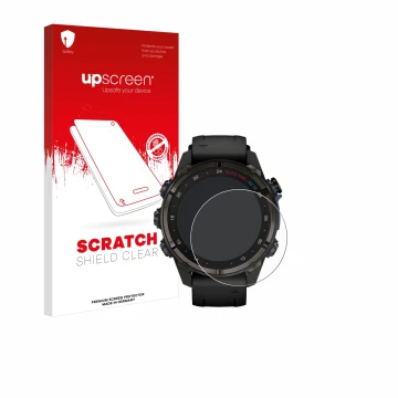 Face avant d’un emballage produit avec le logo de la marque upscreen. À côté, l’appareil Garmin Descent Mk3i (43 mm) est repré