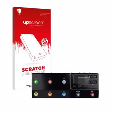 Face avant d’un emballage produit avec le logo de la marque upscreen. À côté, l’appareil Line 6 hx stomp XL est représenté ave
