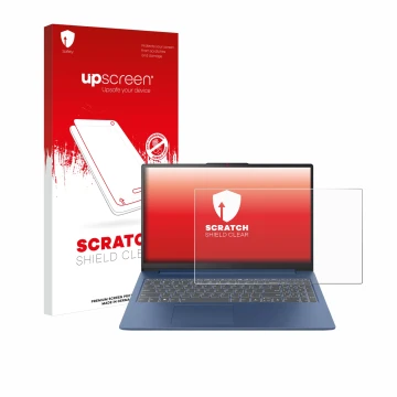 Face avant d’un emballage produit avec le logo de la marque upscreen. À côté, l’appareil Lenovo IdeaPad Slim 3 Gen 8 15