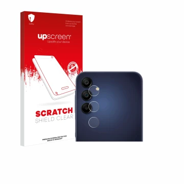 Face avant d’un emballage produit avec le logo de la marque upscreen. À côté, l’appareil Samsung Galaxy A15 (Caméra UNIQUEMENT