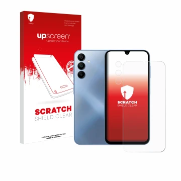 Face avant d’un emballage produit avec le logo de la marque upscreen. À côté, l’appareil Samsung Galaxy A15 (Avant+Caméra) est