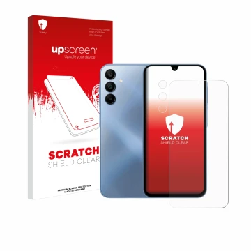 Face avant d’un emballage produit avec le logo de la marque upscreen. À côté, l’appareil Samsung Galaxy A15 5G (Avant+Caméra) 