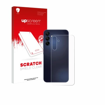Face avant d’un emballage produit avec le logo de la marque upscreen. À côté, l’appareil Samsung Galaxy A15 5G (Arrière) est r